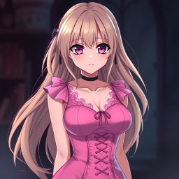A sexy gothic submissive anime girl with long, dramatic blonde hair, featuring a flustered expression that adds a playful charm