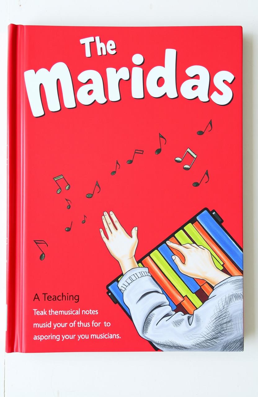 A vibrant book cover featuring a red background, showcasing a beautifully illustrated drawing of a person playing a marimba