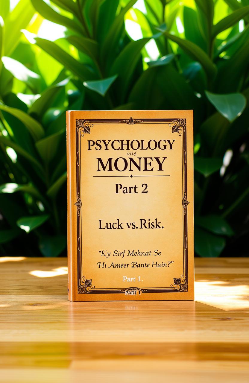 A hardcover book titled 'Psychology of Money Part 2' standing upright on a wooden table, against a backdrop of lush green plants