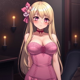 A sexy gothic submissive anime girl with long, dramatic blonde hair adorned with a delicate pink hair piece that adds a whimsical touch