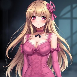 A sexy gothic submissive anime girl with long, dramatic blonde hair adorned with a delicate pink hair piece that adds a whimsical touch
