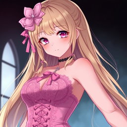 A sexy gothic submissive anime girl with long, dramatic blonde hair adorned with a delicate pink hair piece that adds a whimsical touch