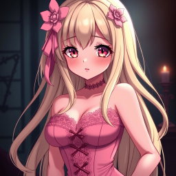 A sexy gothic submissive anime girl with long, dramatic blonde hair adorned with a delicate pink hair piece that adds a whimsical touch