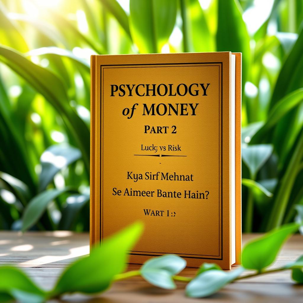 A hardcover book titled 'Psychology of Money Part 2' standing upright on a wooden table, surrounded by a natural green plant background