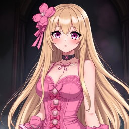 A sexy gothic submissive anime girl with long, flowing blonde hair, elegantly adorned with a whimsical pink hair piece that adds a charming touch
