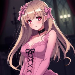 A sexy gothic submissive anime girl with long, flowing blonde hair, elegantly adorned with a whimsical pink hair piece that adds a charming touch