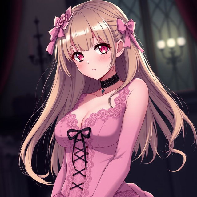 A sexy gothic submissive anime girl with long, flowing blonde hair, elegantly adorned with a whimsical pink hair piece that adds a charming touch