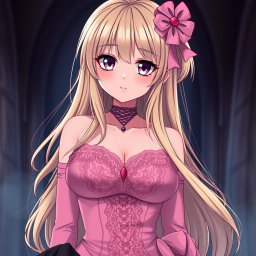 A sexy gothic submissive anime girl with long, flowing blonde hair, elegantly adorned with a whimsical pink hair piece that adds a charming touch