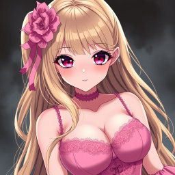 A sexy gothic submissive anime girl with long, flowing blonde hair, elegantly adorned with a whimsical pink hair piece that adds a charming touch