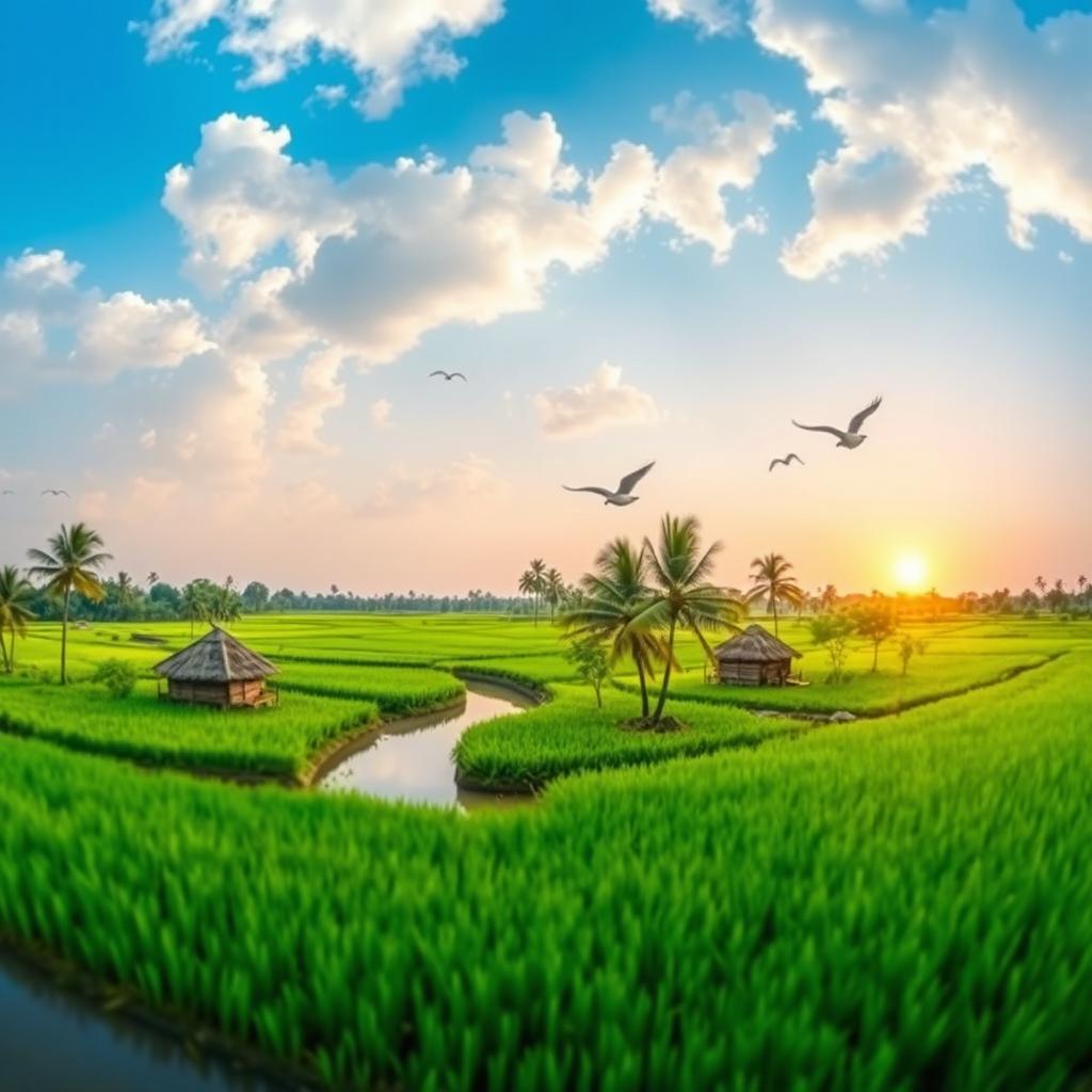 A stunning panoramic view of a Bangladeshi nature scene, showcasing lush green rice fields under a bright blue sky, dotted with fluffy white clouds