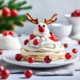 Rudolph the red-nosed reindeer dynamically soaring over an appealing plate of Pavlova dessert.