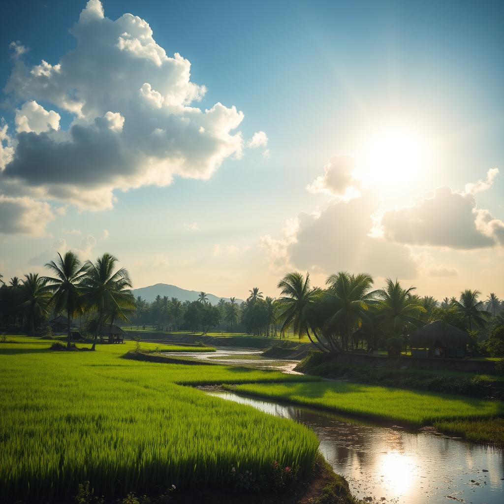 A realistic Bangladeshi nature scene featuring lush green rice paddies under a bright blue sky, with fluffy white clouds