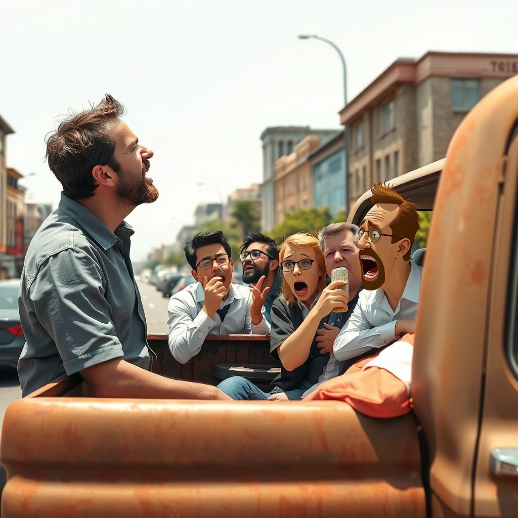 A scene of a man spitting out of the window of a pickup truck