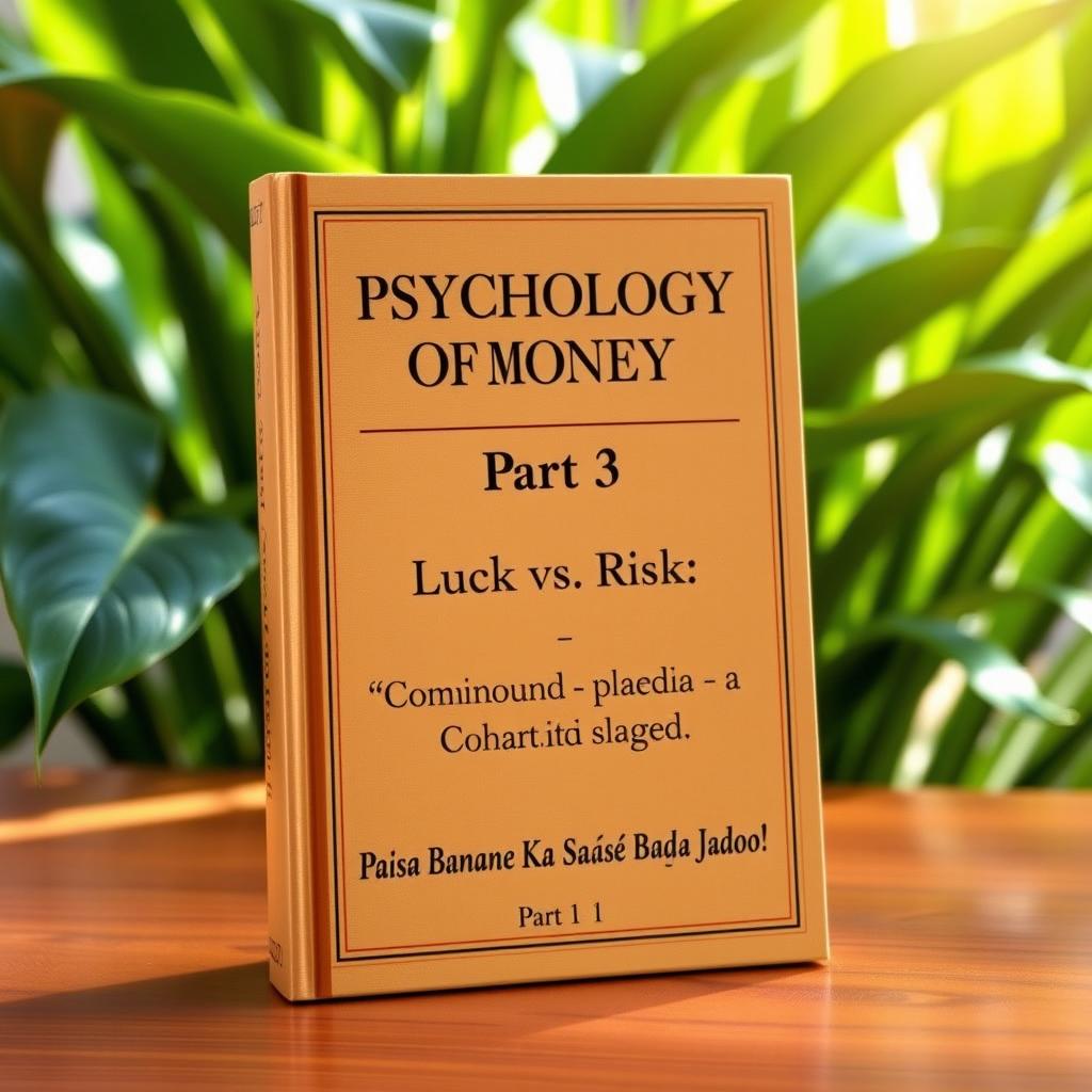A hardcover book titled 'Psychology of Money Part 3' standing upright on a wooden table, with a natural green plant background