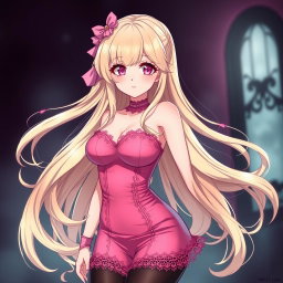 A sexy gothic submissive anime girl with long, flowing blonde hair adorned with a delicate pink hair piece that highlights her playful charm