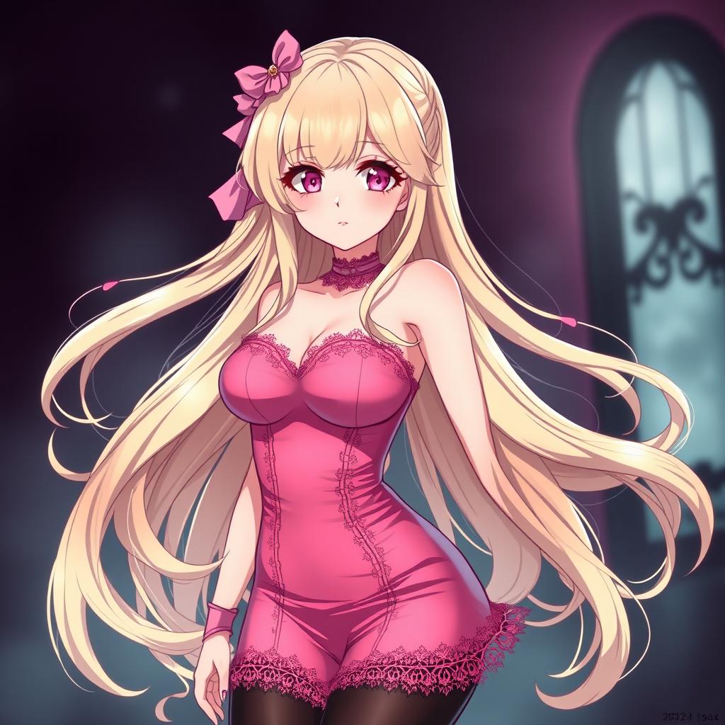 A sexy gothic submissive anime girl with long, flowing blonde hair adorned with a delicate pink hair piece that highlights her playful charm