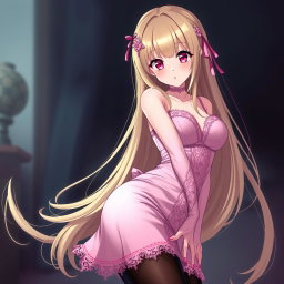 A sexy gothic submissive anime girl with long, flowing blonde hair adorned with a delicate pink hair piece that highlights her playful charm