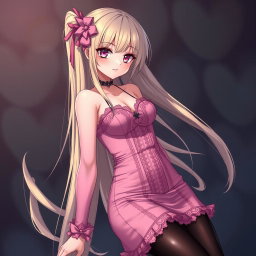 A sexy gothic submissive anime girl with long, flowing blonde hair adorned with a delicate pink hair piece that highlights her playful charm