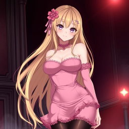 A sexy gothic submissive anime girl with long, flowing blonde hair adorned with a delicate pink hair piece that highlights her playful charm