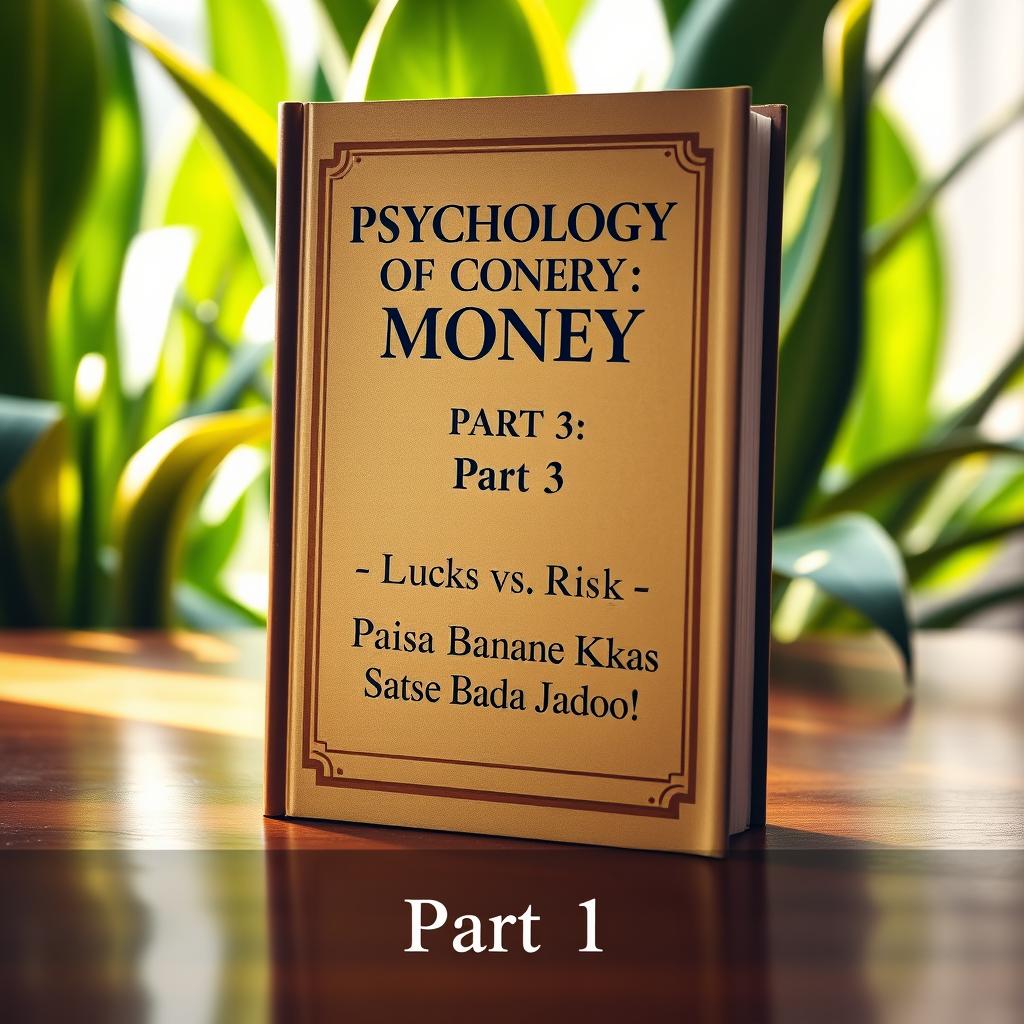 A hardcover book titled 'Psychology of Money Part 3' elegantly standing upright on a polished wooden table, set against a natural green plant background