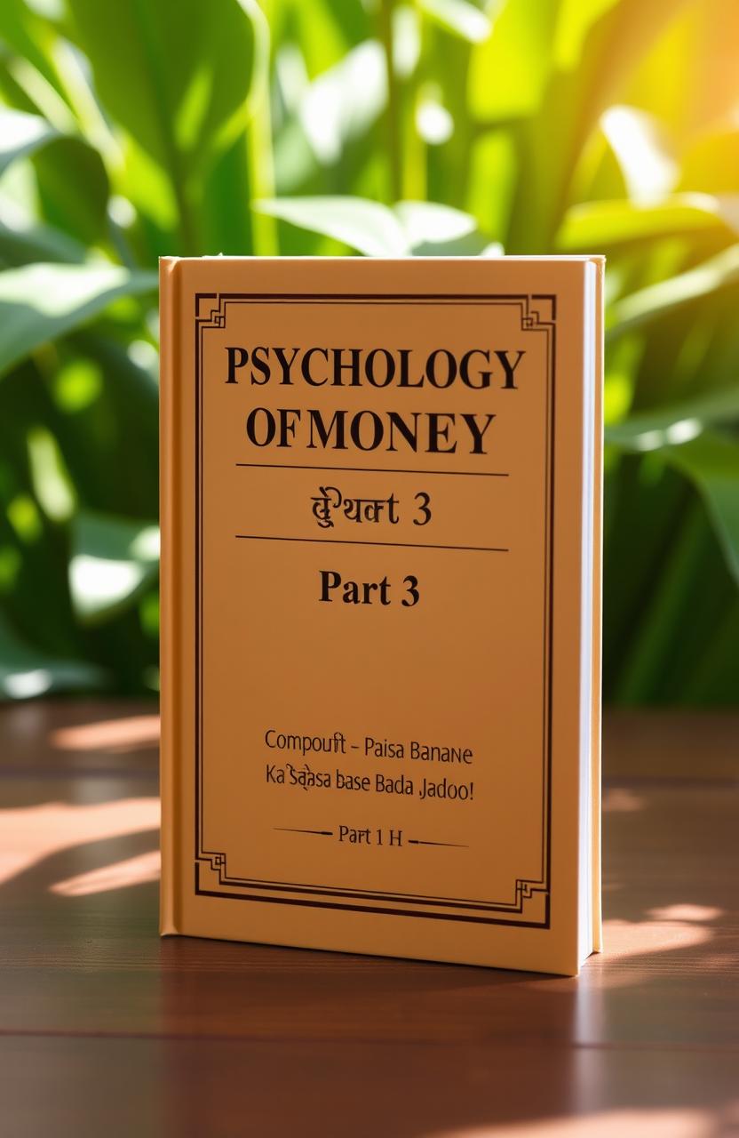 A hardcover book titled 'Psychology of Money Part 3' standing upright on a wooden table, with a natural green plant background
