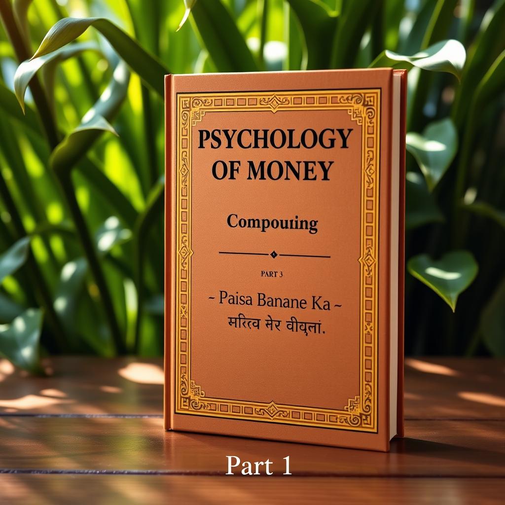 A hardcover book titled 'Psychology of Money Part 3' standing upright on a wooden table, surrounded by a lush green plant background