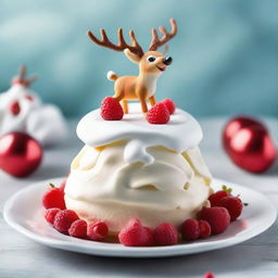 Rudolph the red-nosed reindeer dynamically soaring over an appealing plate of Pavlova dessert.
