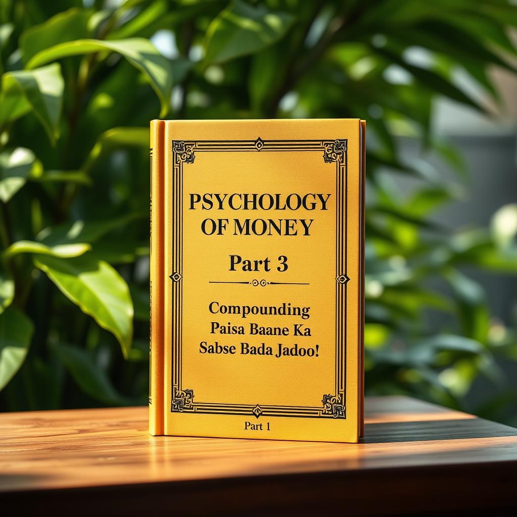 A hardcover book titled 'Psychology of Money Part 3' standing upright and perfectly straight on a wooden table