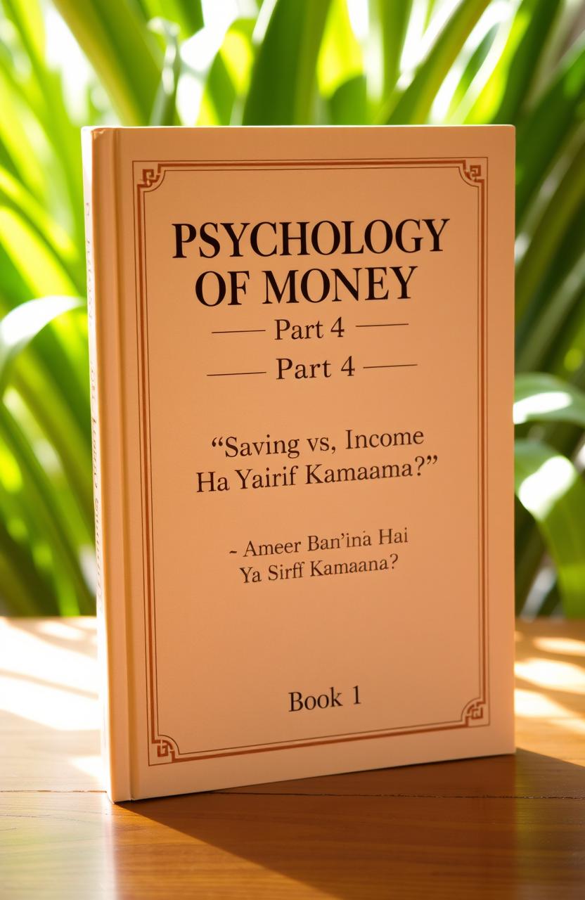 A hardcover book titled 'Psychology of Money Part 4' standing upright on a wooden table, with a natural green plant background