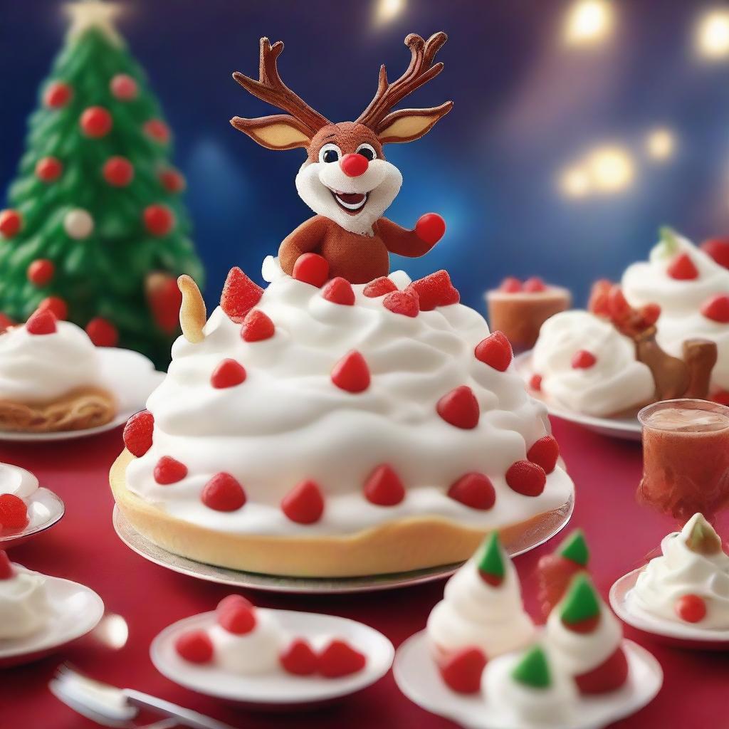 A jubilant scene showcasing Rudolph the red-nosed reindeer majestically flying Santa Claus over a scrumptious plate of Pavlova dessert.