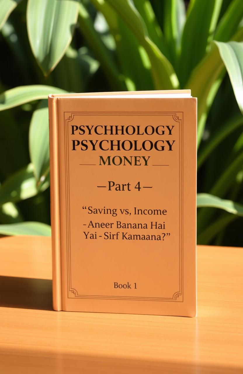 A hardcover book titled 'Psychology of Money Part 4' standing upright on a wooden table, with a natural green plant background