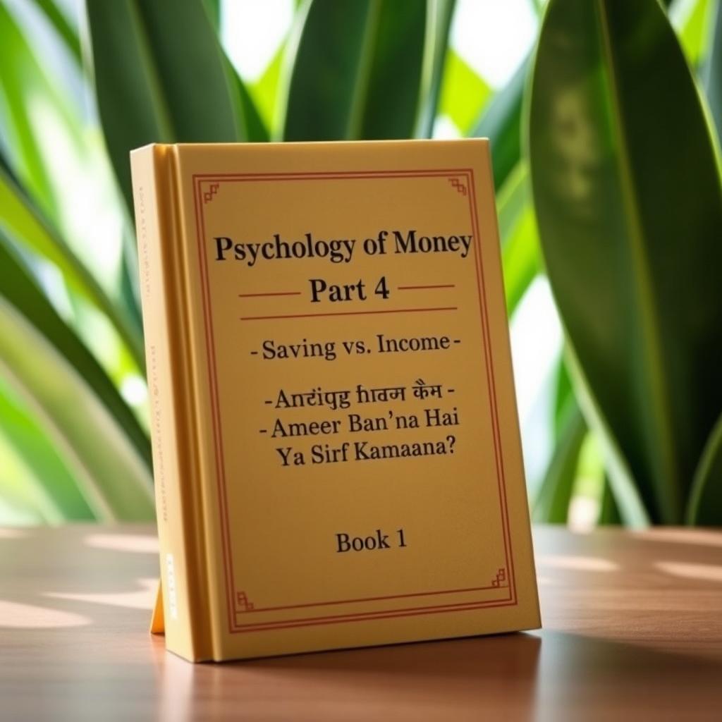 A hardcover book titled 'Psychology of Money Part 4' standing upright on a wooden table, with a natural green plant background