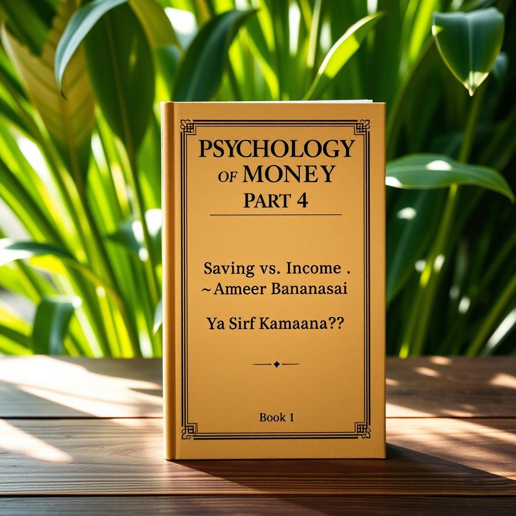 A hardcover book titled 'Psychology of Money Part 4' standing upright on a wooden table, with a natural green plant background