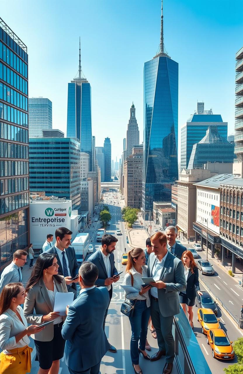 A bustling cityscape featuring entrepreneurs and business people engaging in various activities such as meetings, negotiations, and networking in a high-rise office environment