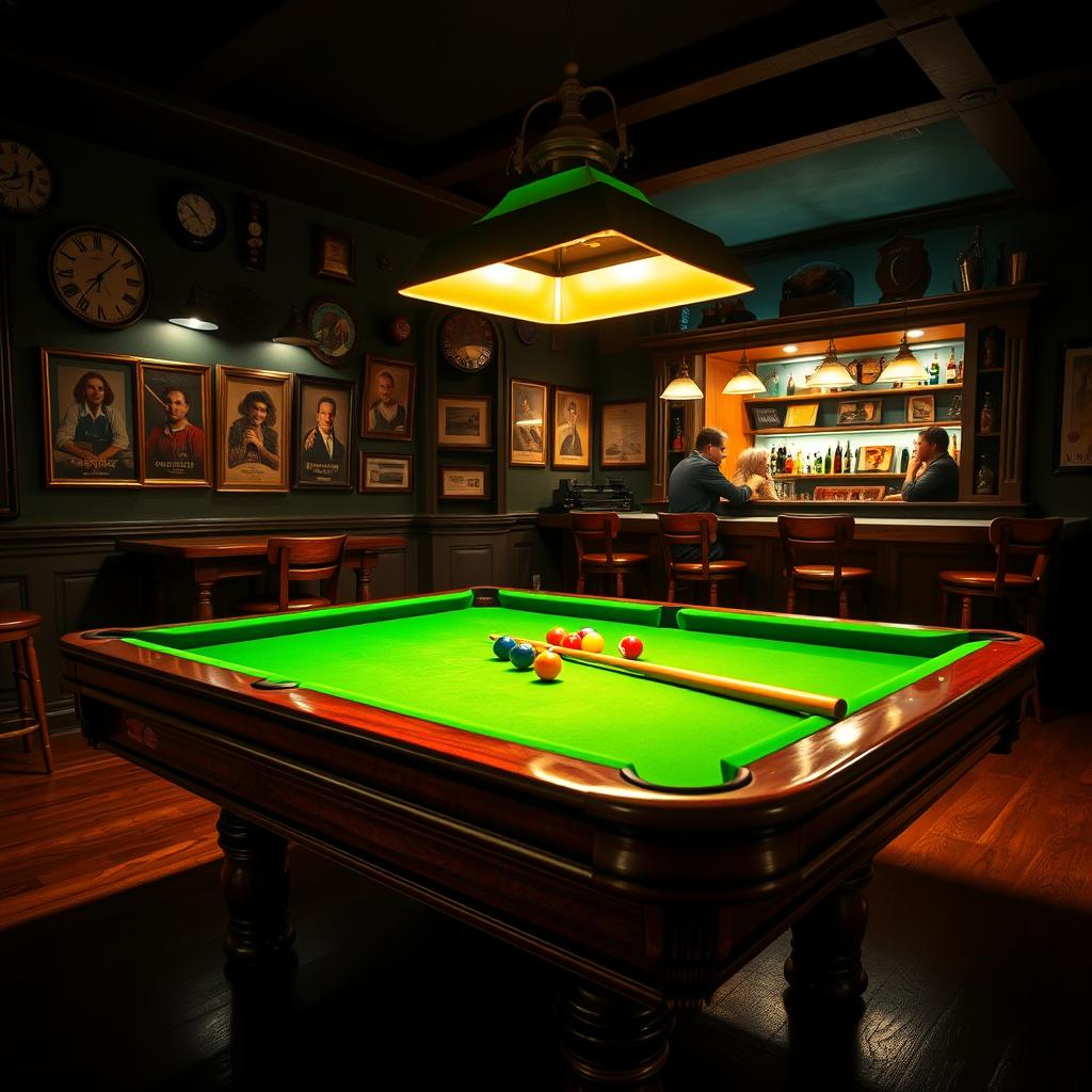 A captivating billiard scene showcasing a beautifully designed pool table with vibrant green felt and polished wooden edges