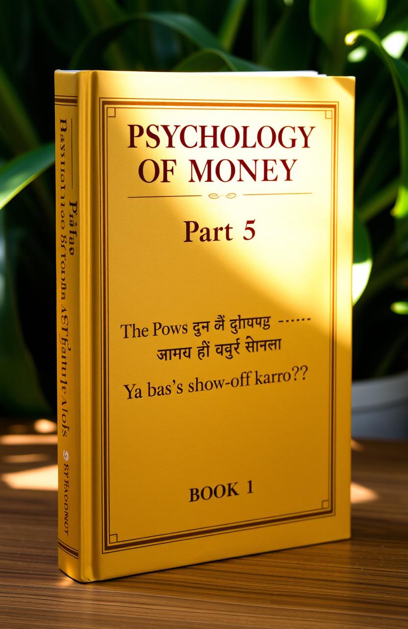 A hardcover book titled 'Psychology of Money Part 5' standing upright on a wooden table, with a natural green plant background