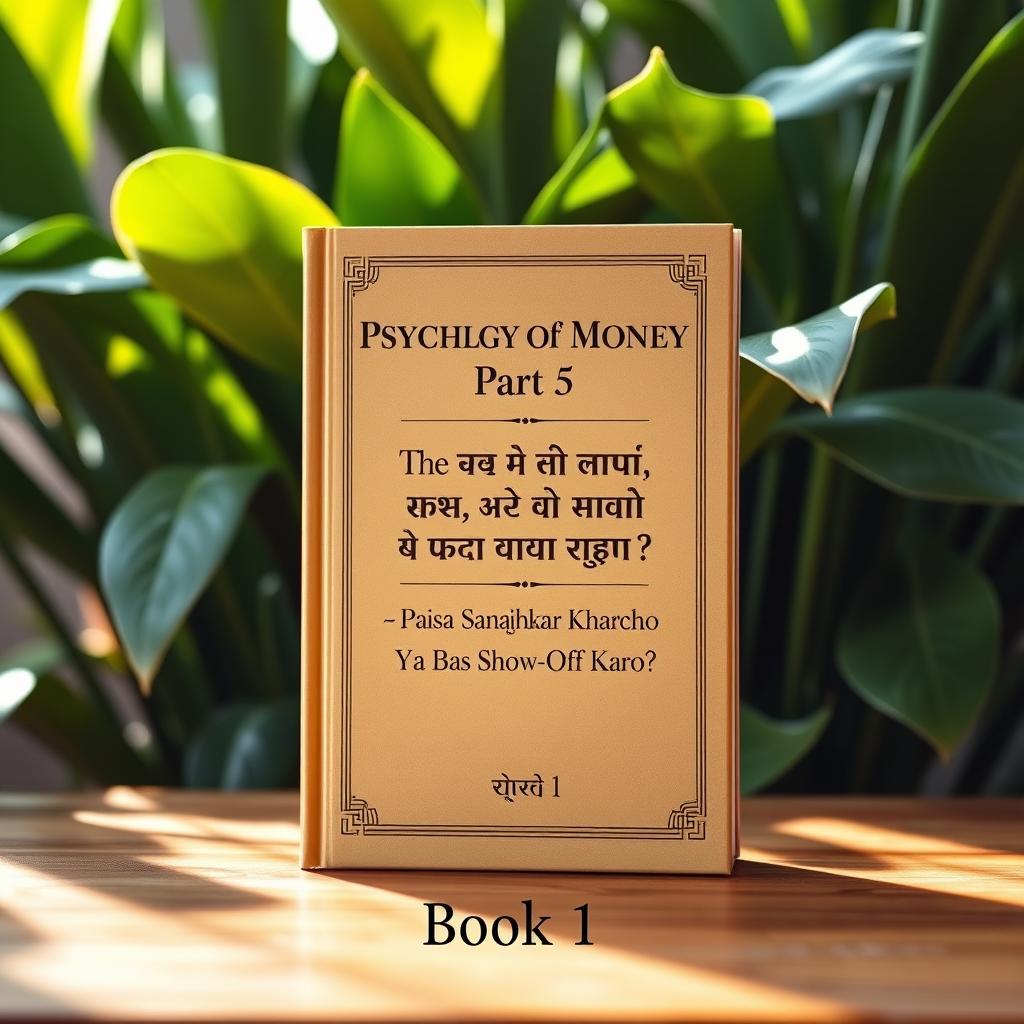 A hardcover book titled 'Psychology of Money Part 5' standing upright on a wooden table, with a natural green plant background