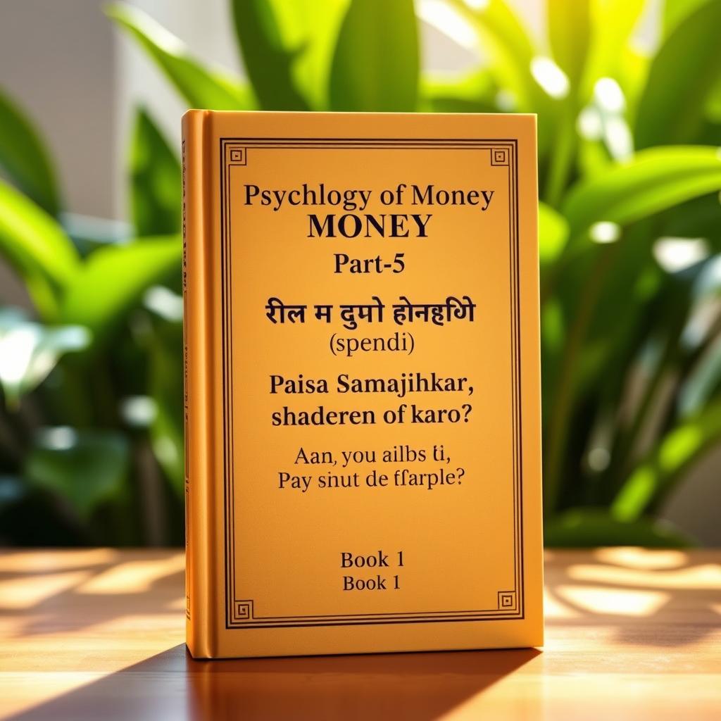 A hardcover book titled 'Psychology of Money Part 5' standing straight upright on a wooden table, with a background featuring lush natural green plants