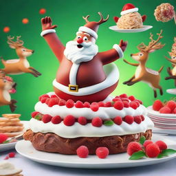 A jubilant scene showcasing Rudolph the red-nosed reindeer majestically flying Santa Claus over a scrumptious plate of Pavlova dessert.