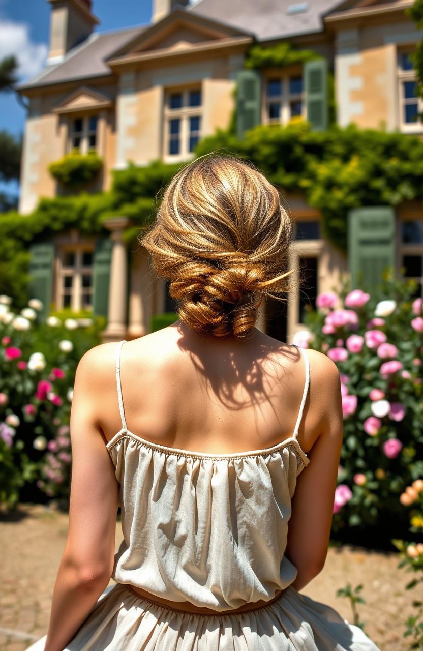 A young, beautiful woman aged 19, depicted from behind, wearing a delicate chemise à la reine from the 1780s