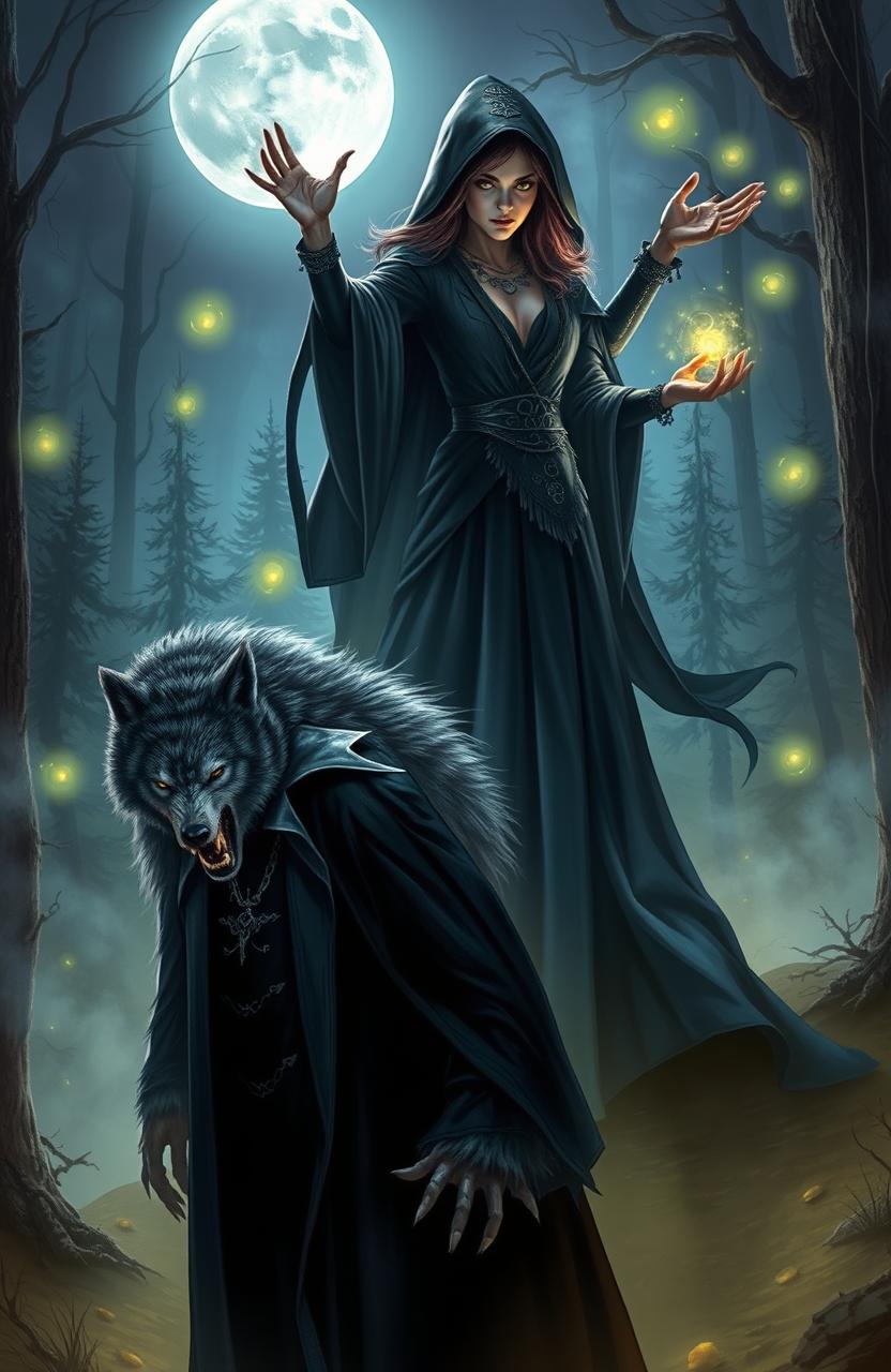 A fantasy scene featuring a vampire with glowing yellow eyes, standing majestically in the foreground, alongside a fierce werewolf showing sharp fangs, both surrounded by a mystical forest shrouded in fog