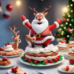 A jubilant scene showcasing Rudolph the red-nosed reindeer majestically flying Santa Claus over a scrumptious plate of Pavlova dessert.