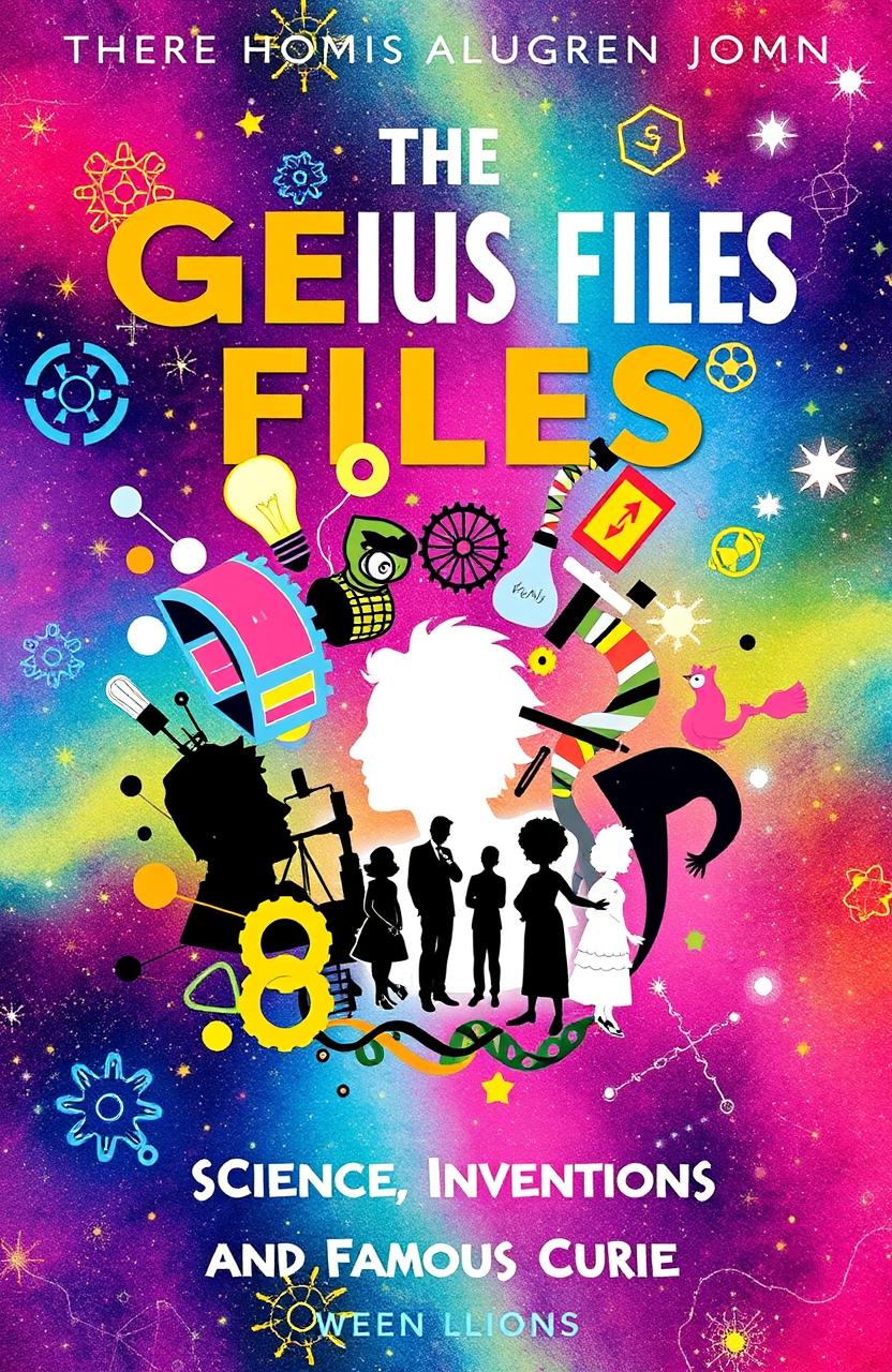 A vibrant and engaging book cover design for 'The Genius Files: Science, Inventions, and Famous People'