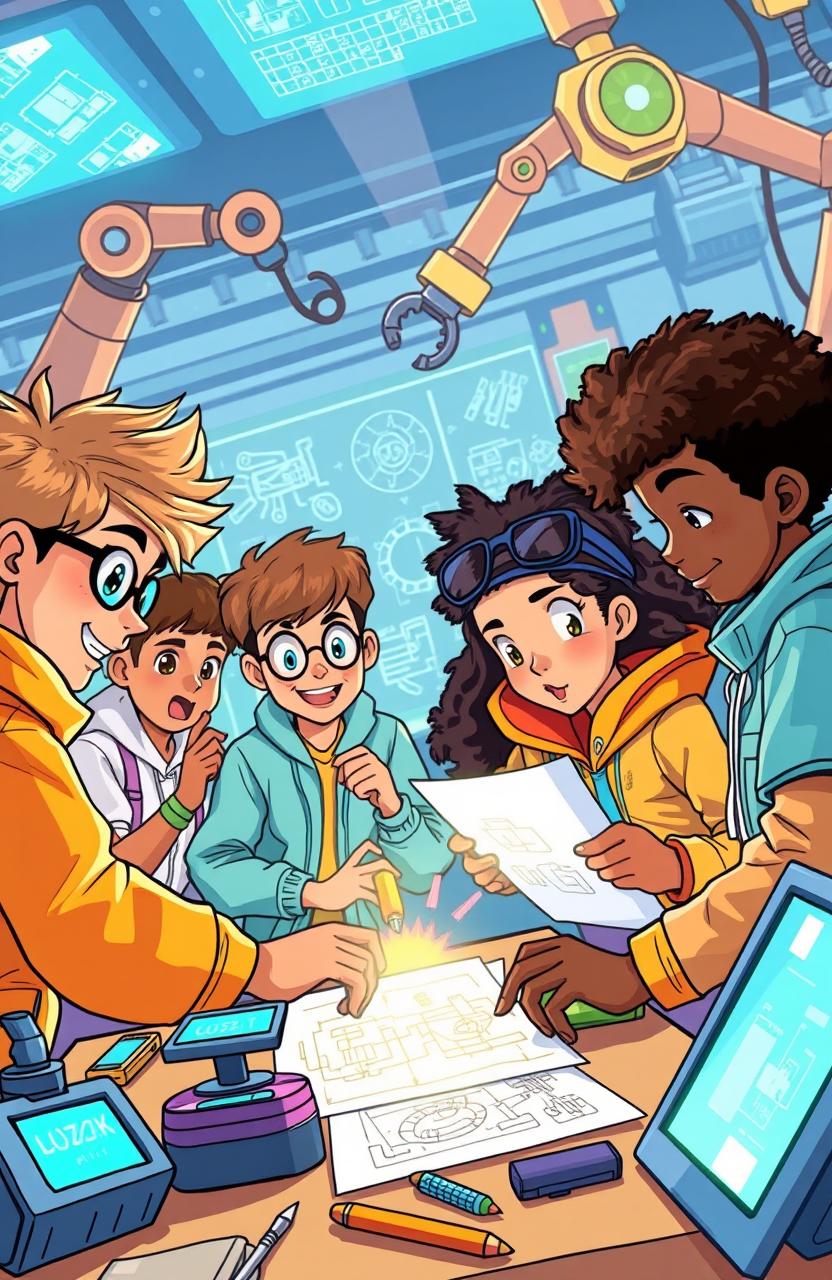 A vibrant and colorful illustration of a group of diverse young geniuses working together on an exciting invention in a futuristic workshop