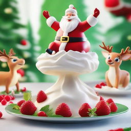 A jubilant scene showcasing Rudolph the red-nosed reindeer majestically flying Santa Claus over a scrumptious plate of Pavlova dessert.