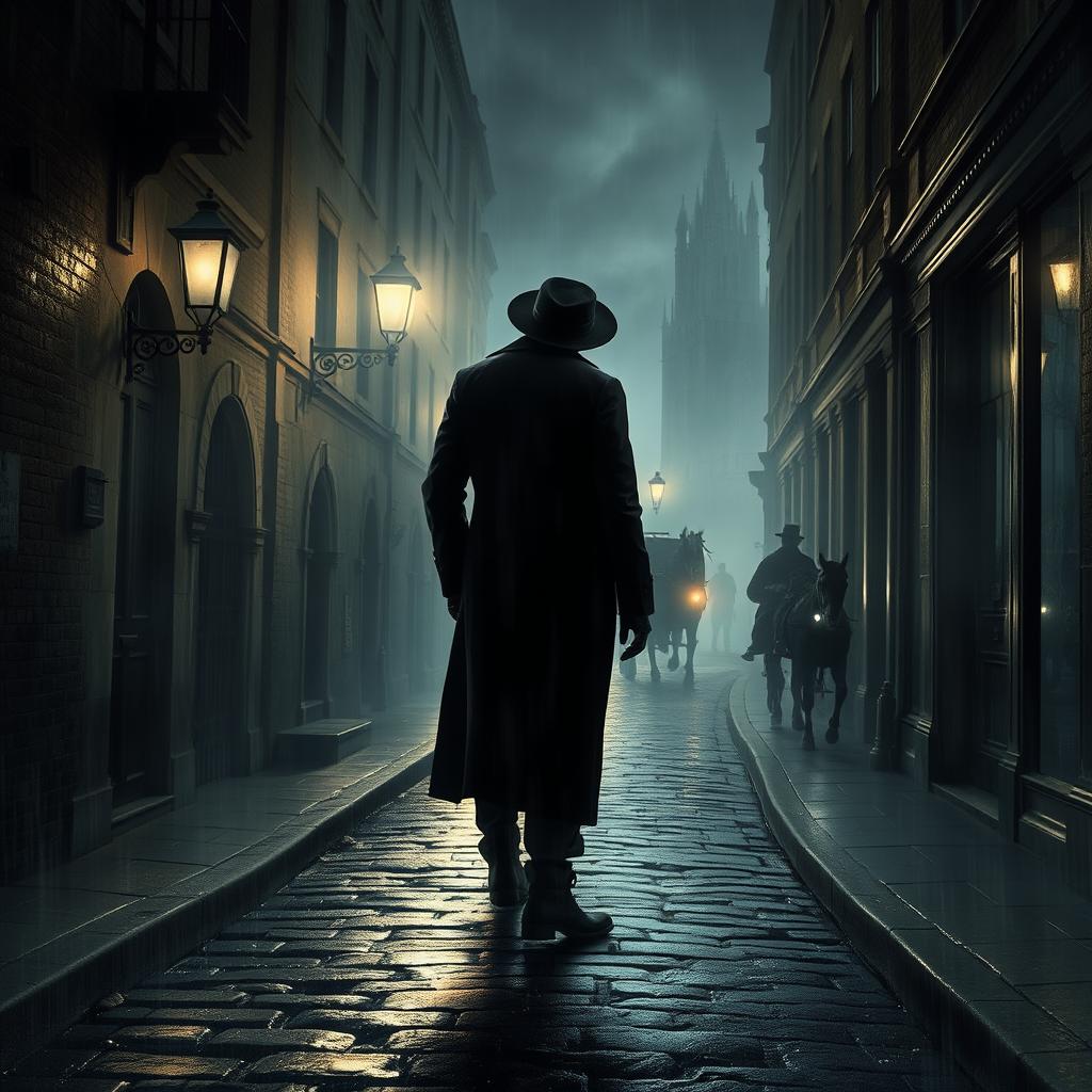 A detailed and atmospheric depiction of Jack the Ripper in a foggy Victorian London alleyway