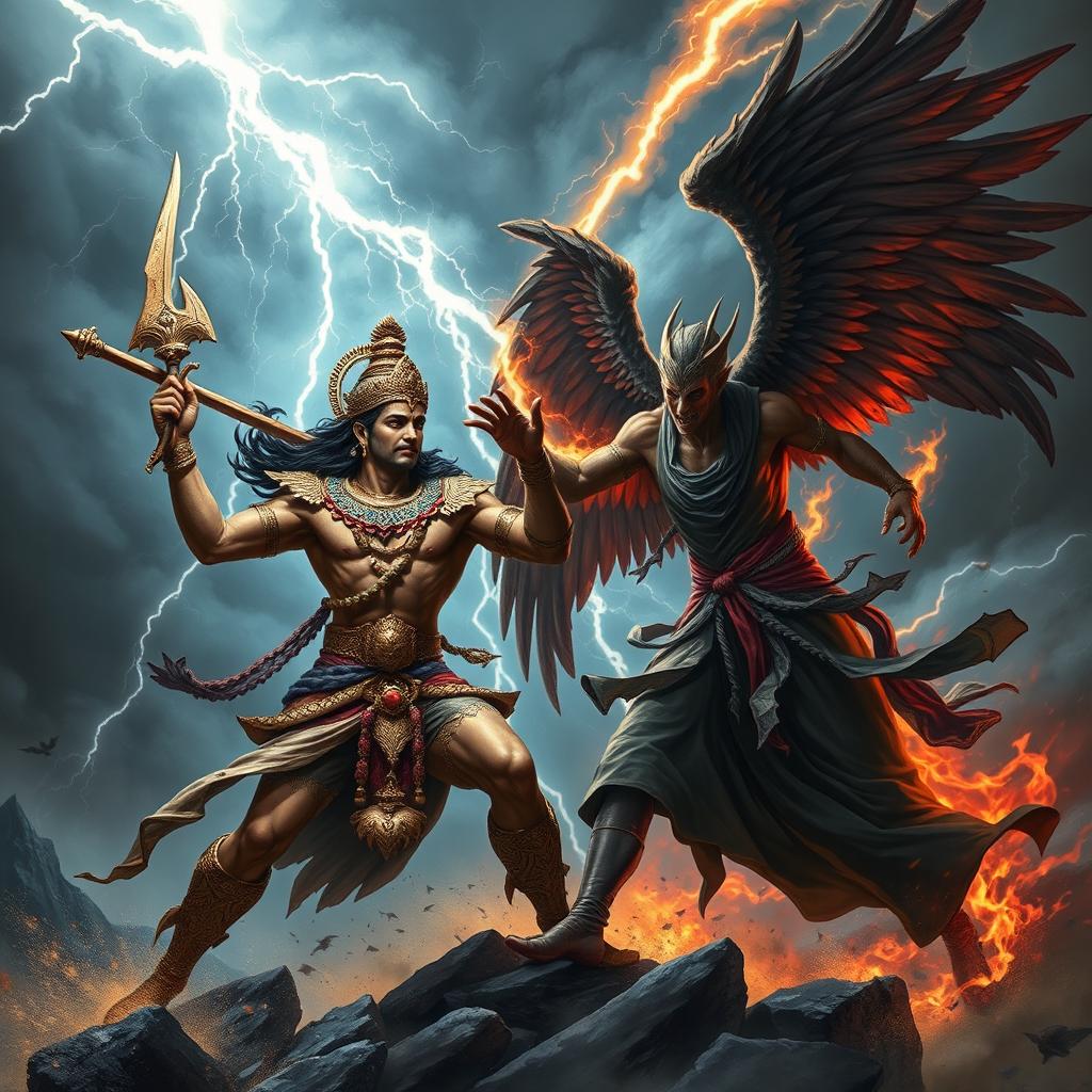 A dramatic battle scene depicting Lord Indra, the Hindu god of rain and thunderstorms, wielding his thunderbolt (Vajra) against Azazel, a fallen angel from Judeo-Christian traditions, who is portrayed as a formidable figure with dark, fiery wings