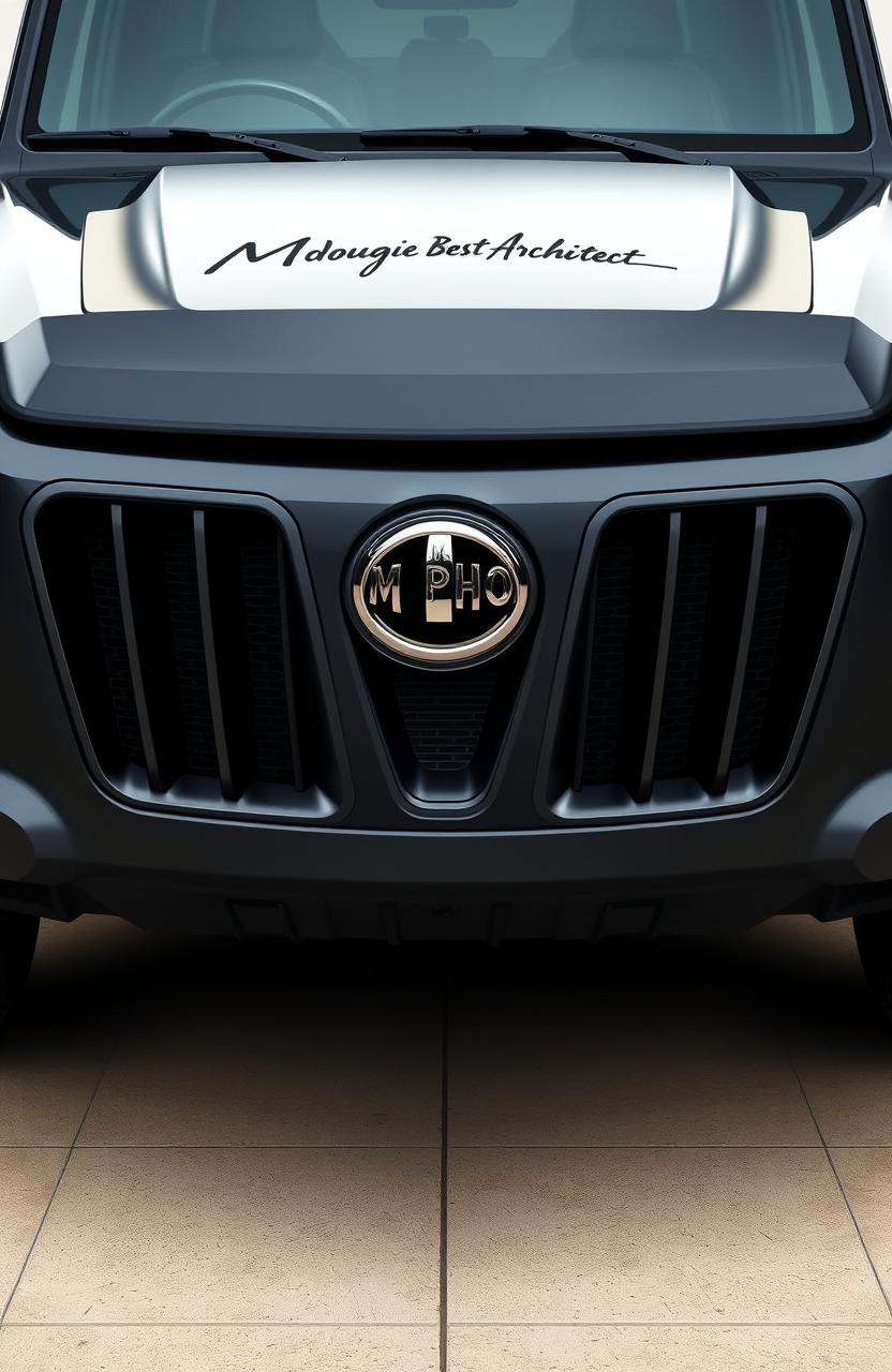 A realistic depiction of a large car featuring prominent black grills with a sleek silver outline