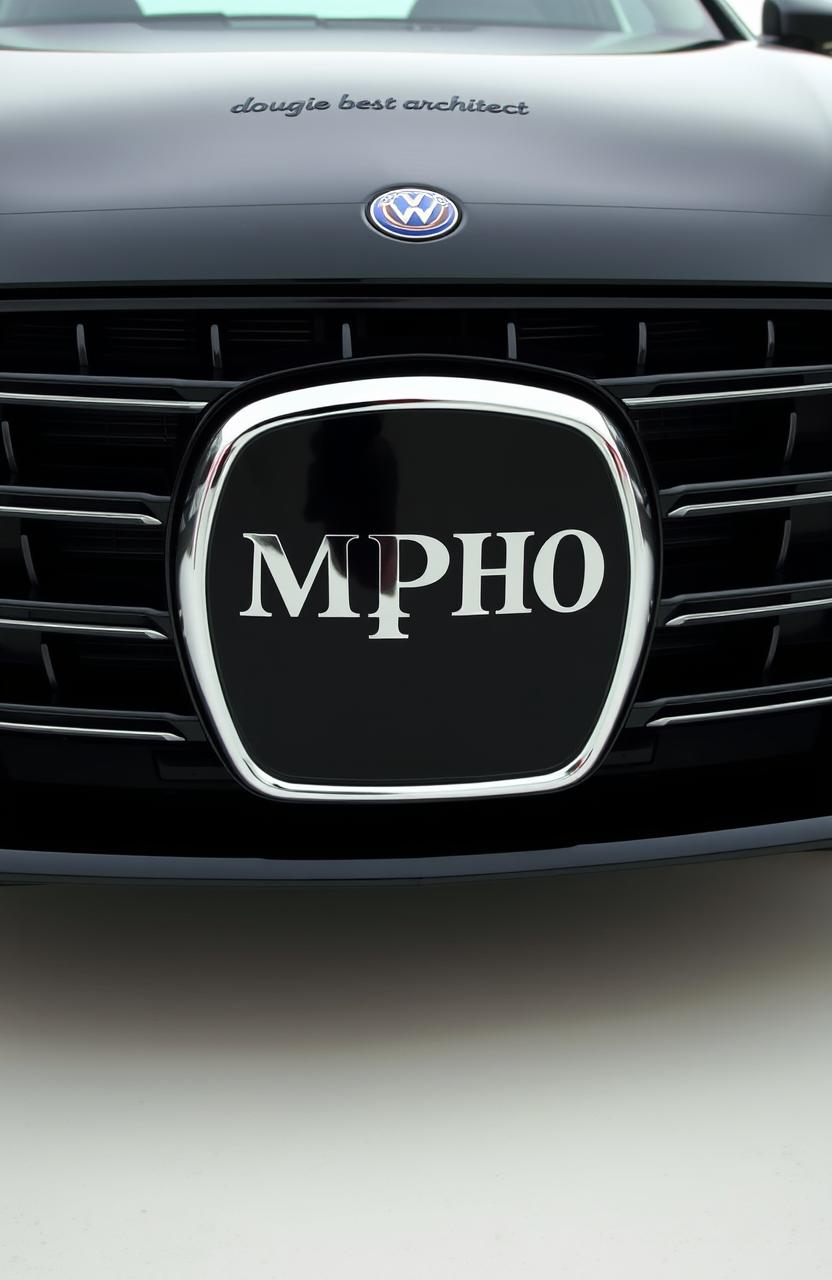 A realistic car featuring sleek black grills with a shiny silver outline surrounding the logo which prominently displays 'MPHO' in elegant italics