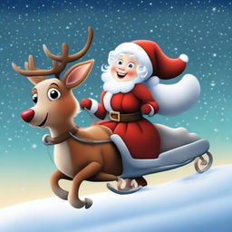 Mrs. Claus tightly holding onto Rudolph's reins, joyously riding through a winter sky on her way to the illuminated North Pole.